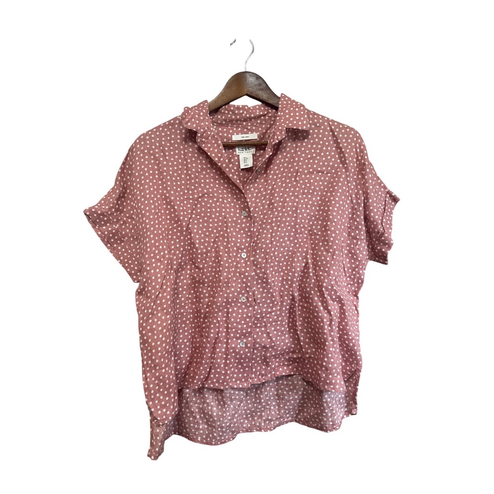Nicole Miller Shirt Women Small Pink Linen Excellent Polka Dot Button Down